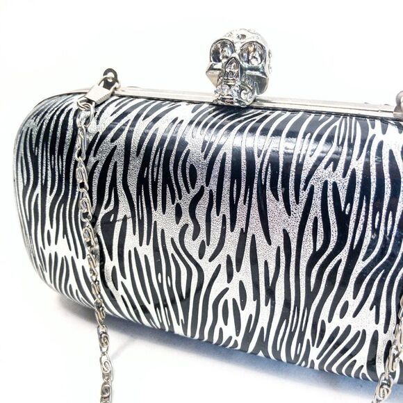 Kate Landry Silver Skull Zebra Hardshell Clutch Evening Bag - Picture 5 of 12